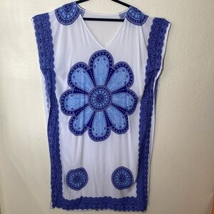Cupshe One Size Blue and White Flower Boho Cover‎ Up Dress Kimono